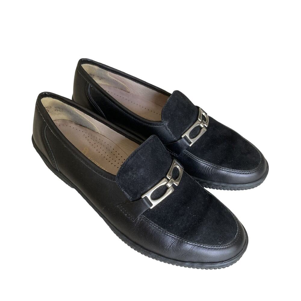 Vintage 90s Luftpolster Black Leather Suede Silver Accent Loafers Flats Size 6